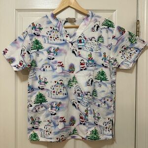 Fundamentally Cotton Winter Scene Medical Scrub Top - Festive Penguins & Snowmen